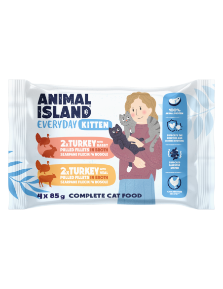 Animal Island Everyday Kitten 4 pack - Indyk i królik oraz Indyk i cielęcina w sosie 4x85g
